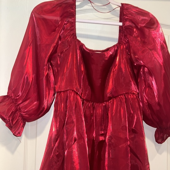 NWT Red Chiffon Baby Doll Dress with Sheer Billowy Sleeves - Picture 2 of 8